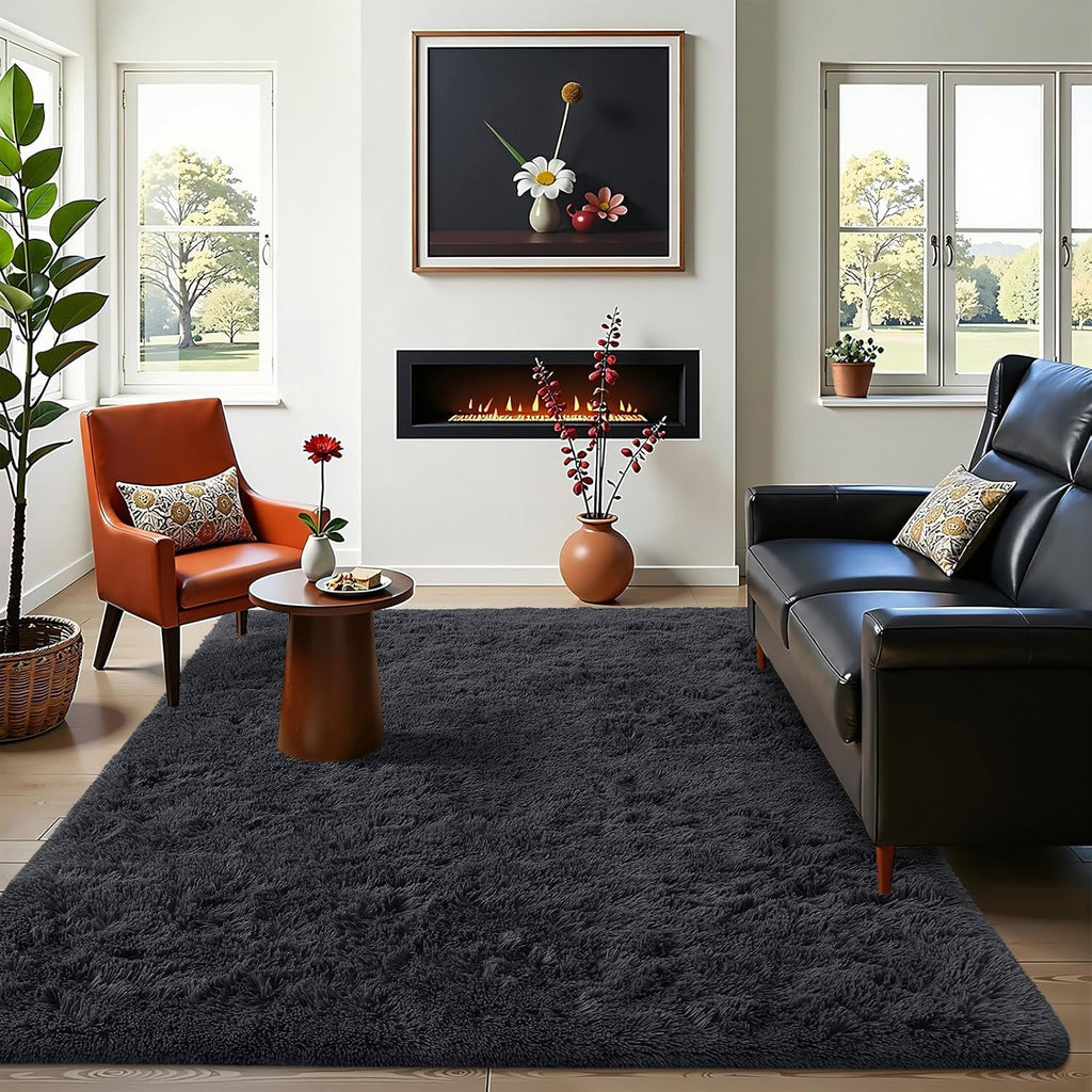 OLANLY Area Rug - Soft Fluffy Shaggy Carpet for Living Room & Bedroom | Machine Washable, Black