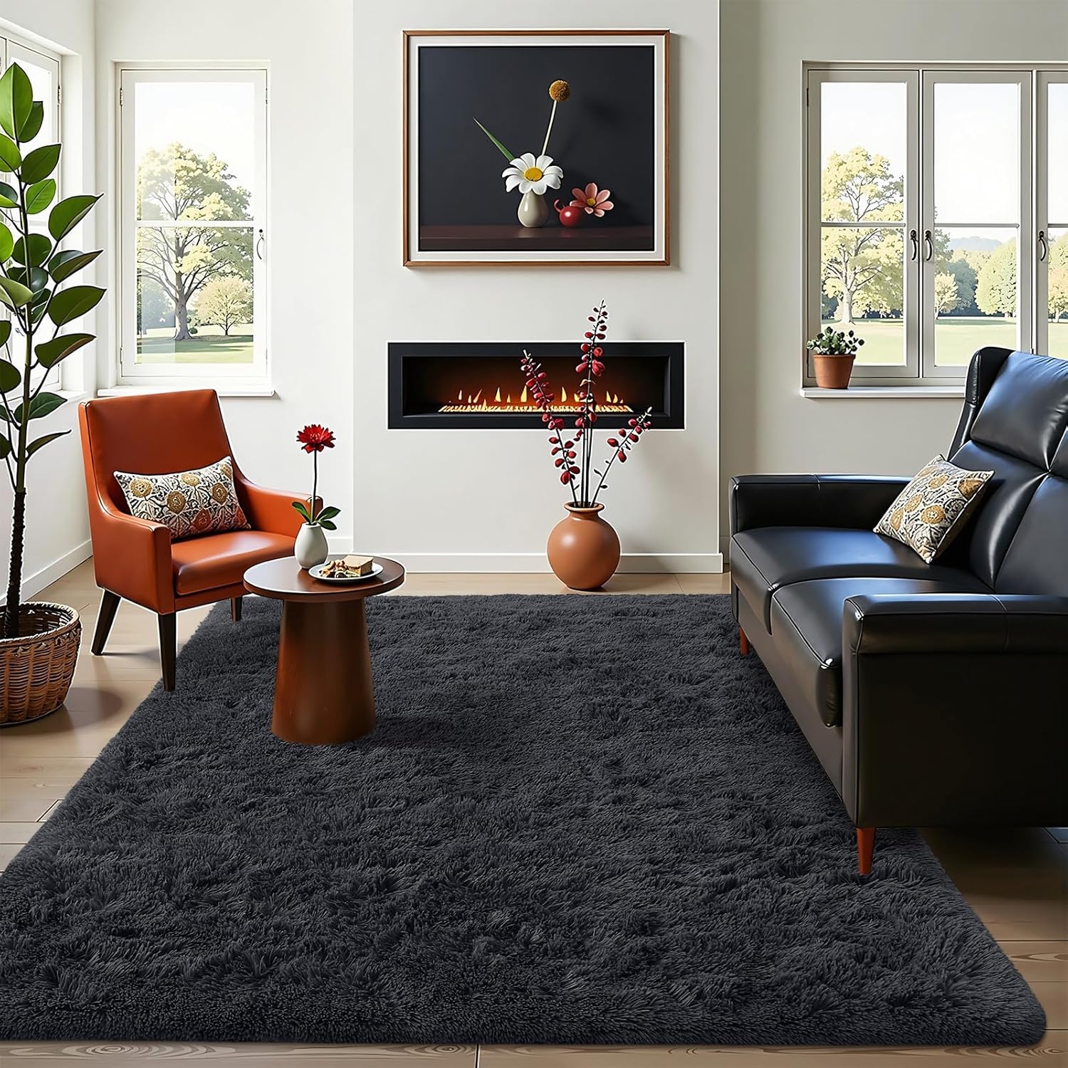 OLANLY Area Rug - Soft Fluffy Shaggy Carpet for Living Room & Bedroom | Machine Washable, Black
