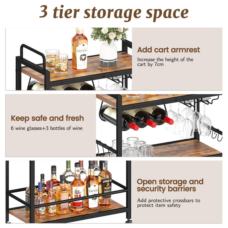 Home Bar Serving Cart, Serving Cart with Wheels and Handle, 3 Tier Rolling Kitchen Cart, Microwave Cart, Beverage Cart with Wine Holder and Glass Holders, for Dinning Room, Living Room, Kitchen