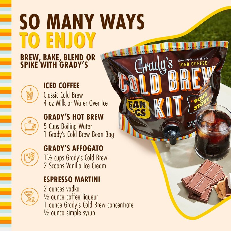 GRADY’S COLD BREW, New Orleans Style, 100% Arabica Ground Coffee & Chicory Pouches, 2 All-in-One Cold Brew Kits, each with 12 Easy-to-Brew Beans Bags, Makes 72 drinks