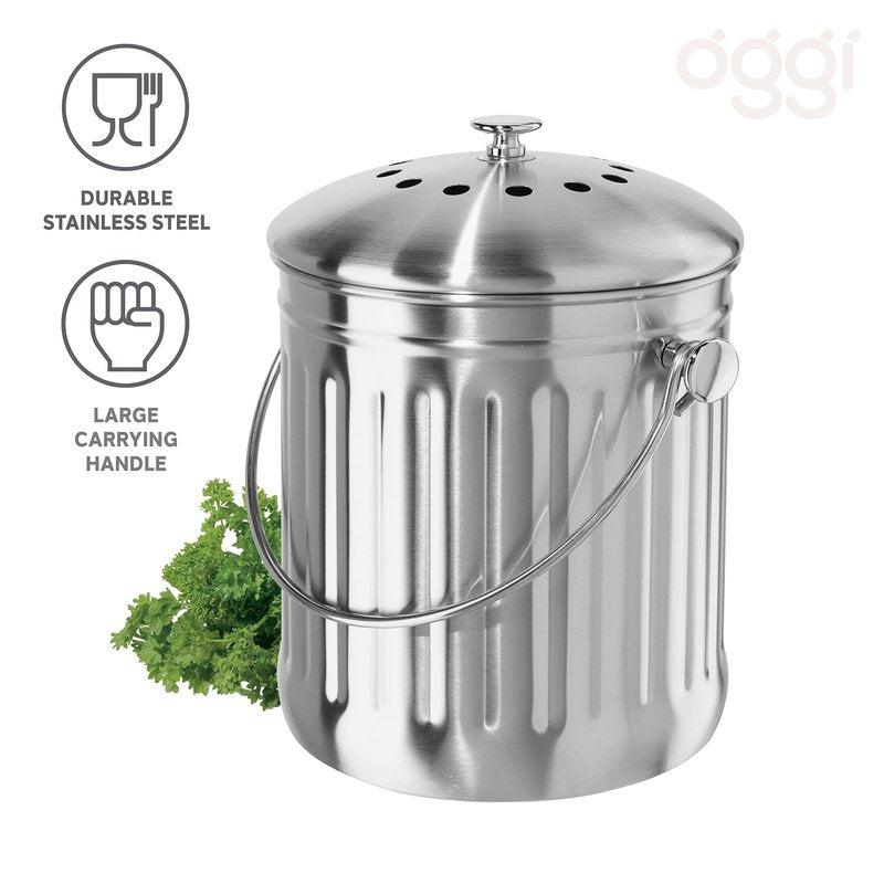 OGGI Countertop Compost Bin with Lid-1 Gallon Indoor Compost Bin w/Charcoal Filter, Stainless Steel Compost Container, Ideal Kitchen Compost Pail, Eco Friendly Products
