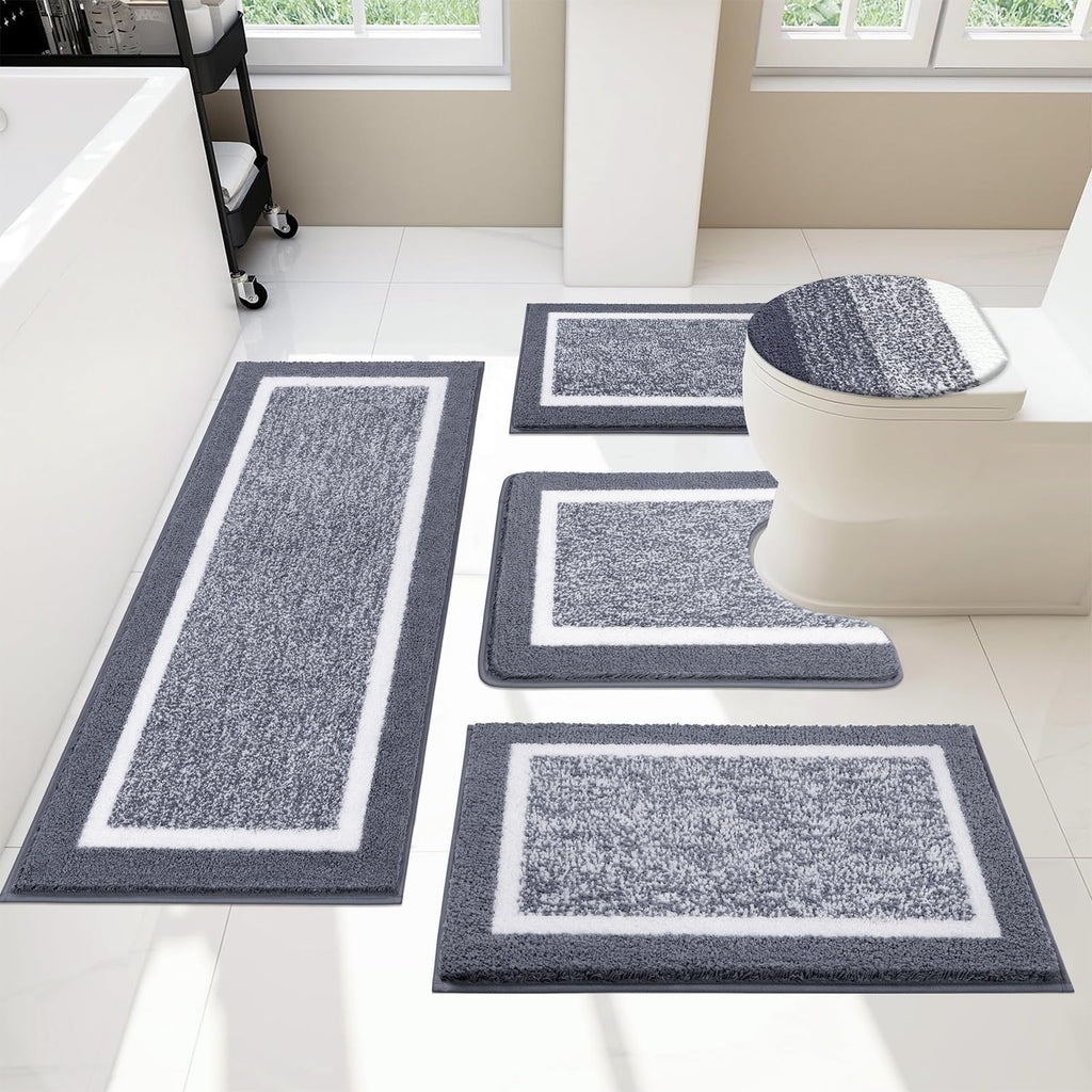 Pauwer Bathroom Rugs Sets 5 Piece, Plush Absorbent Microfiber Bath Mats for Bathroom, Non Slip Washable Bath Rugs Runner with U Shaped Contour Toilet Rugs, Shower Rug and Toilet Lid Cover, Dark Grey
