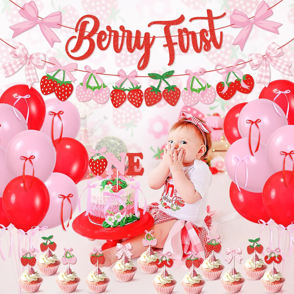 Skiennix Pink Bow Strawberry First Birthday Party Decor - Glitter Banners & Balloons for Girls