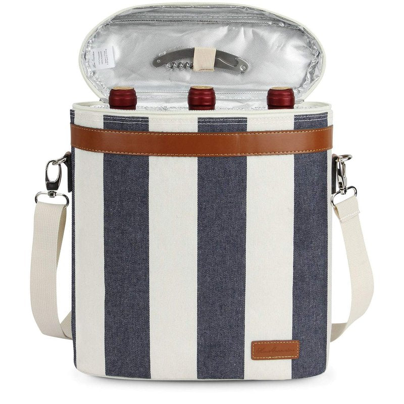 ZORMY 3 Bottle Insulated Wine Tote Cooler Bag, Portable Carrier with Corkscrew Opener and Shoulder Strap for Beach Travel Picnic, Unique Gift for Wine Lovers Navy Blue