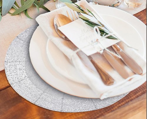 Lightnpro Beaded Placemats Set of 4-13 Inch Round Handmade Table Chargers - Rustic Farmhouse Glitz Table Décor for Dining Room, Christmas, Thanksgiving, Easter & Special Events- Whitish Silver
