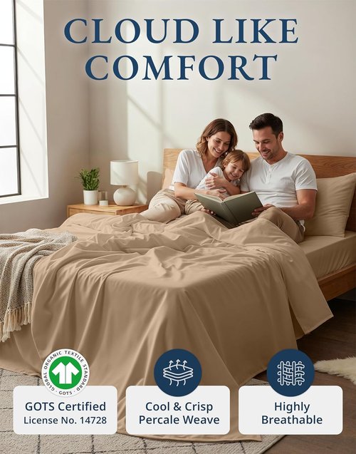 LANE LINEN 100% Organic Cotton Sheets Set - Ultra Soft Long-Staple Percale Weave | GOTS Certified, Full Size, Taupe