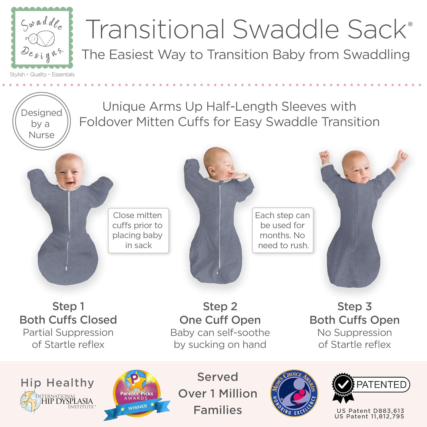 SwaddleDesigns Transitional Swaddle Sack - Arms Up Half-Length Sleeves & Mitten Cuffs | Medium 3-6 Months, Heathered Denim