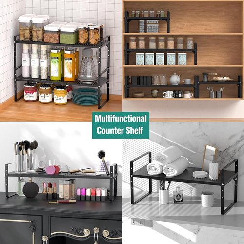 SUZLON Expandable Cabinet Shelf Organizer Rack, Stackable Kitchen Counter Storage Shelves Stand, Adjustable Height Pantry Shelf Spice Rack, Heavy Duty Nonslip Black Large 3Pack