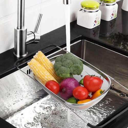 ZDRongZhen Kitchen Accessories Over the Sink Colander Strainer Basket，Stainless Steel Colander with Expandable Rubber Grip Sink Drainer-Rinse Vegetables Fruits &Strain&Drain (Large-Fine mesh)