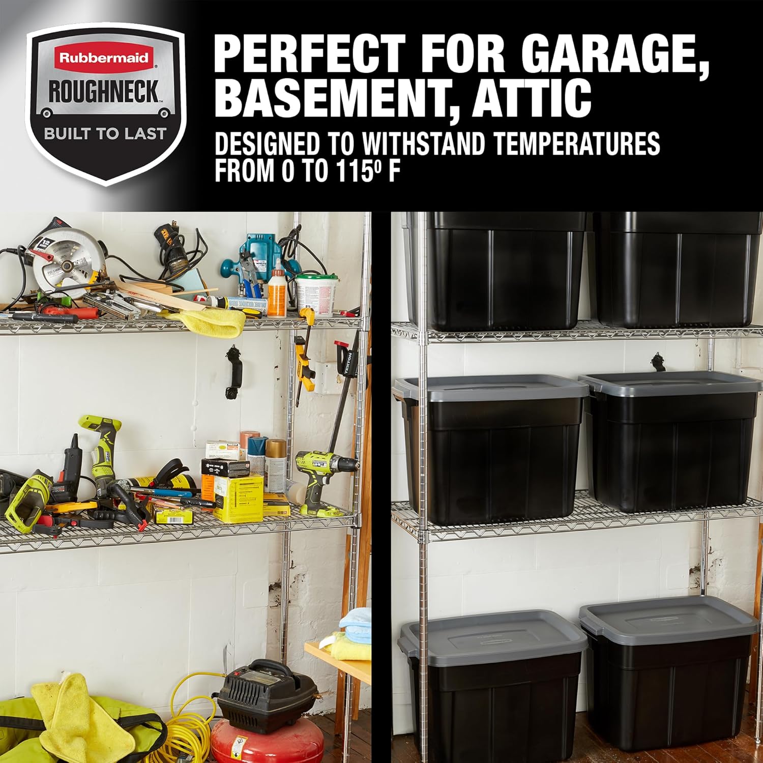 Rubbermaid 18 GAL Heavy-Duty Garage Storage Bins | Stackable Lids, Durable Plastic, Solid Black & Grey