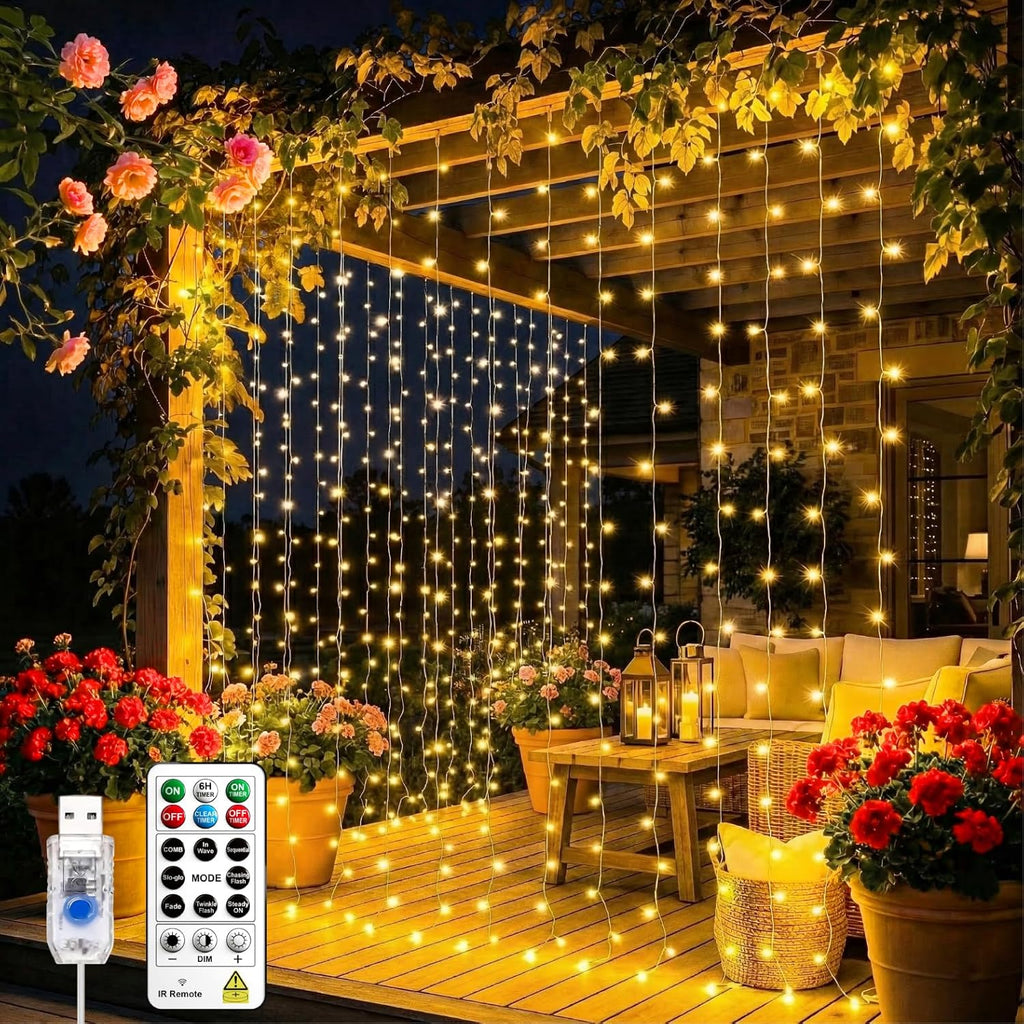 Skiennix 200LED Curtain Lights - Warm White Fairy String Lights | 6.6x6.6ft, 8 Modes Remote Control for Home & Party Decor