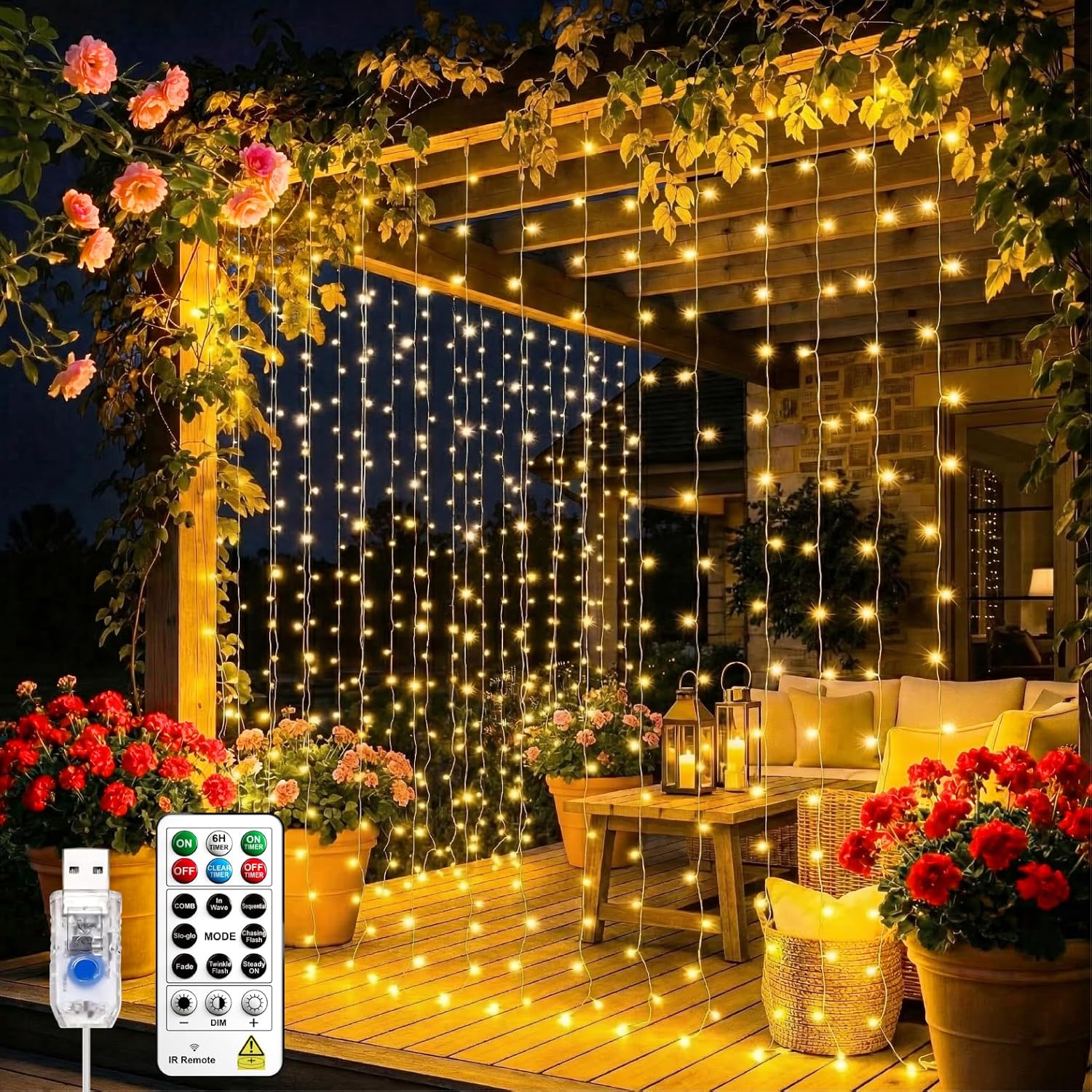 Skiennix 200LED Curtain Lights - Warm White Fairy String Lights | 6.6x6.6ft, 8 Modes Remote Control for Home & Party Decor