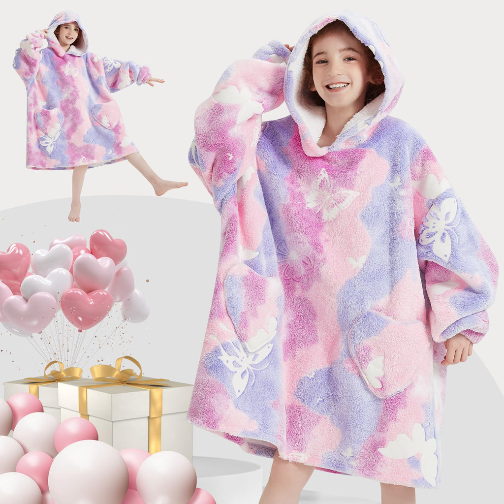 Wearable Blanket Hoodie for Kids Oversized Sherpa Blanket Hoodie for Kids Boys Girls Teens 6-13YR,Glow in The Dark Butterfly