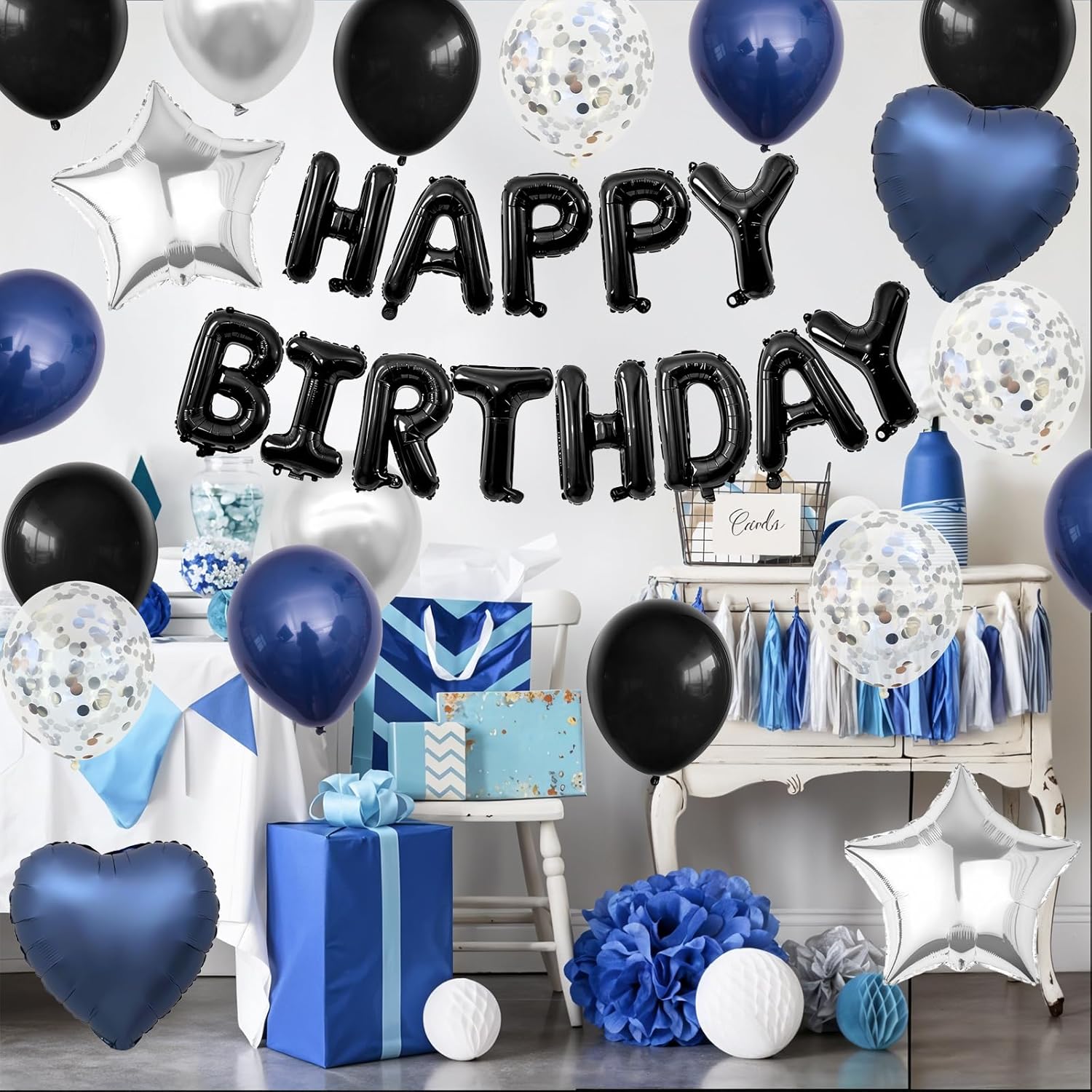 Skiennix Navy Blue & Black Birthday Decorations - Stylish Balloons & Banner Set for Men & Women