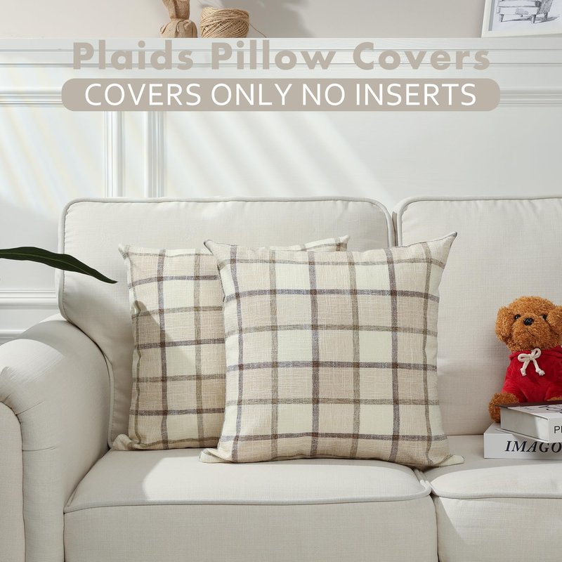Stellhome Pack of 2 Fall Linen Buffalo Check Decorative Throw Pillow Covers, Farmhouse Plaid Cushion Covers Rustic Retro Decor for Couch Sofa Living Room, 24x24 Inch, Beige