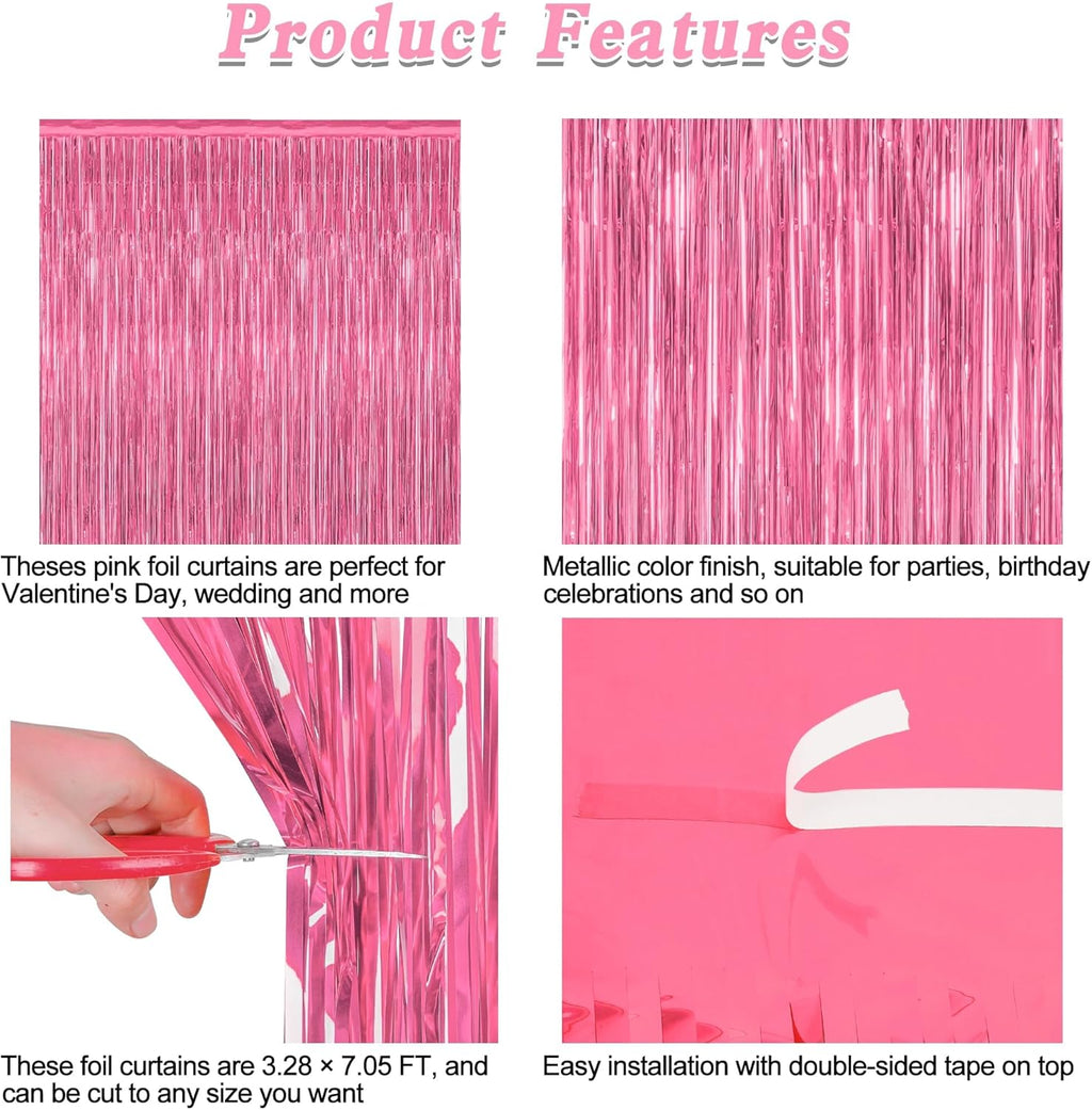 Skiennix Pink Party Decorations - 2 Pack Metallic Tinsel Backdrop Curtains | 3.28 FT x 7.05 FT