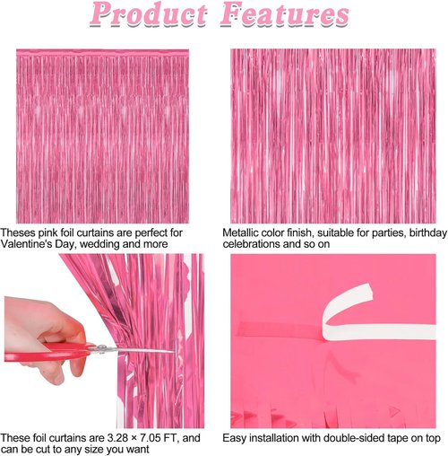 4 Pack Pink Birthday Backdrop - Metallic Happy Birthday Fringe Curtains | 3.28 FT x 7.05 FT