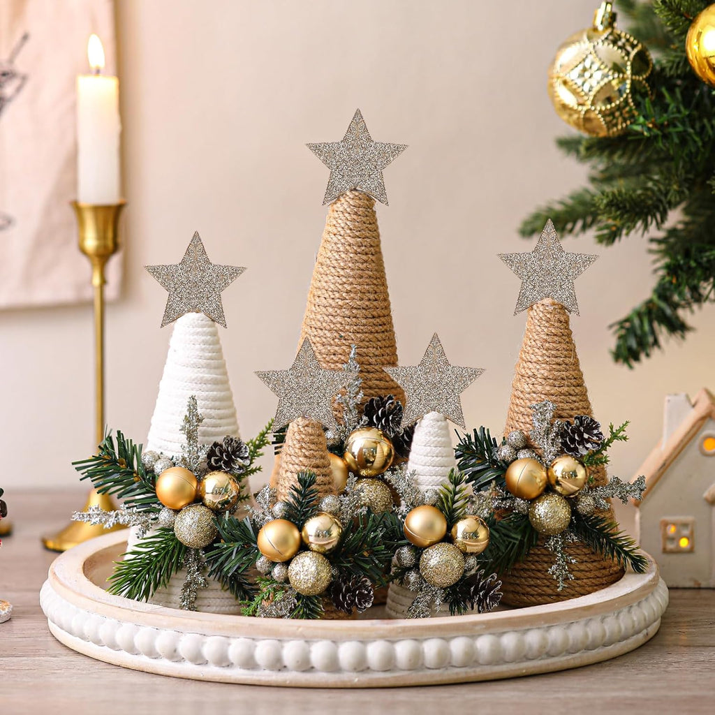 Thyle Christmas Yarn Trees - 5 Pcs Artificial Cone Tree Set with Stars | Festive Tabletop Decor