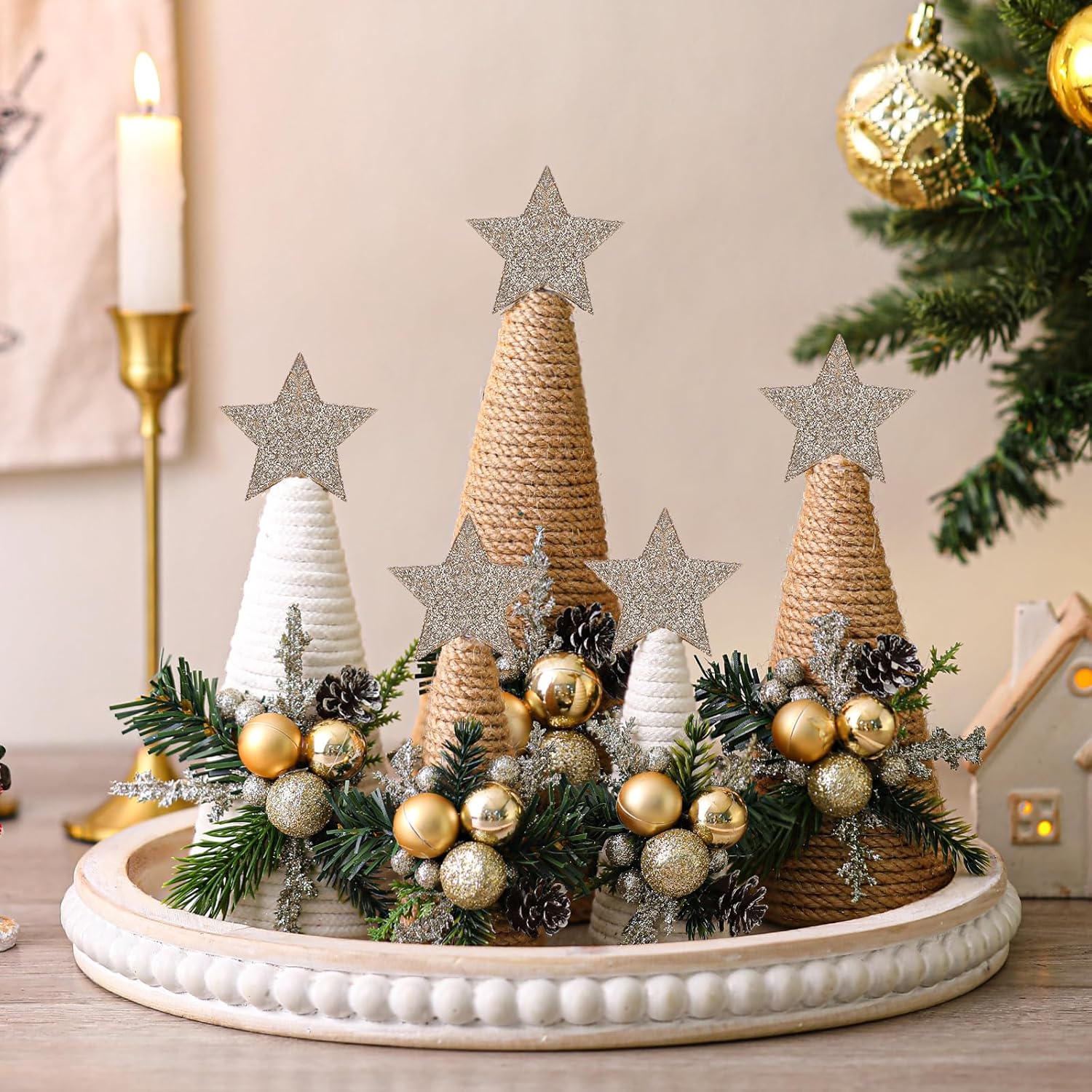 Thyle Christmas Yarn Trees - 5 Pcs Artificial Cone Tree Set with Stars | Festive Tabletop Decor