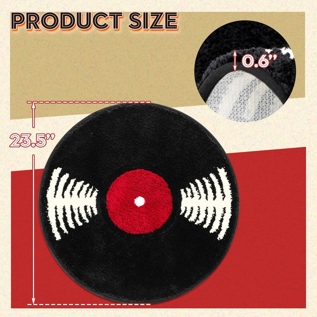 Skiennix Vinyl Record Bath Mat - Retro Non-Slip Washable Rug | Funny Music Theme Decor, 23.5" Black & White