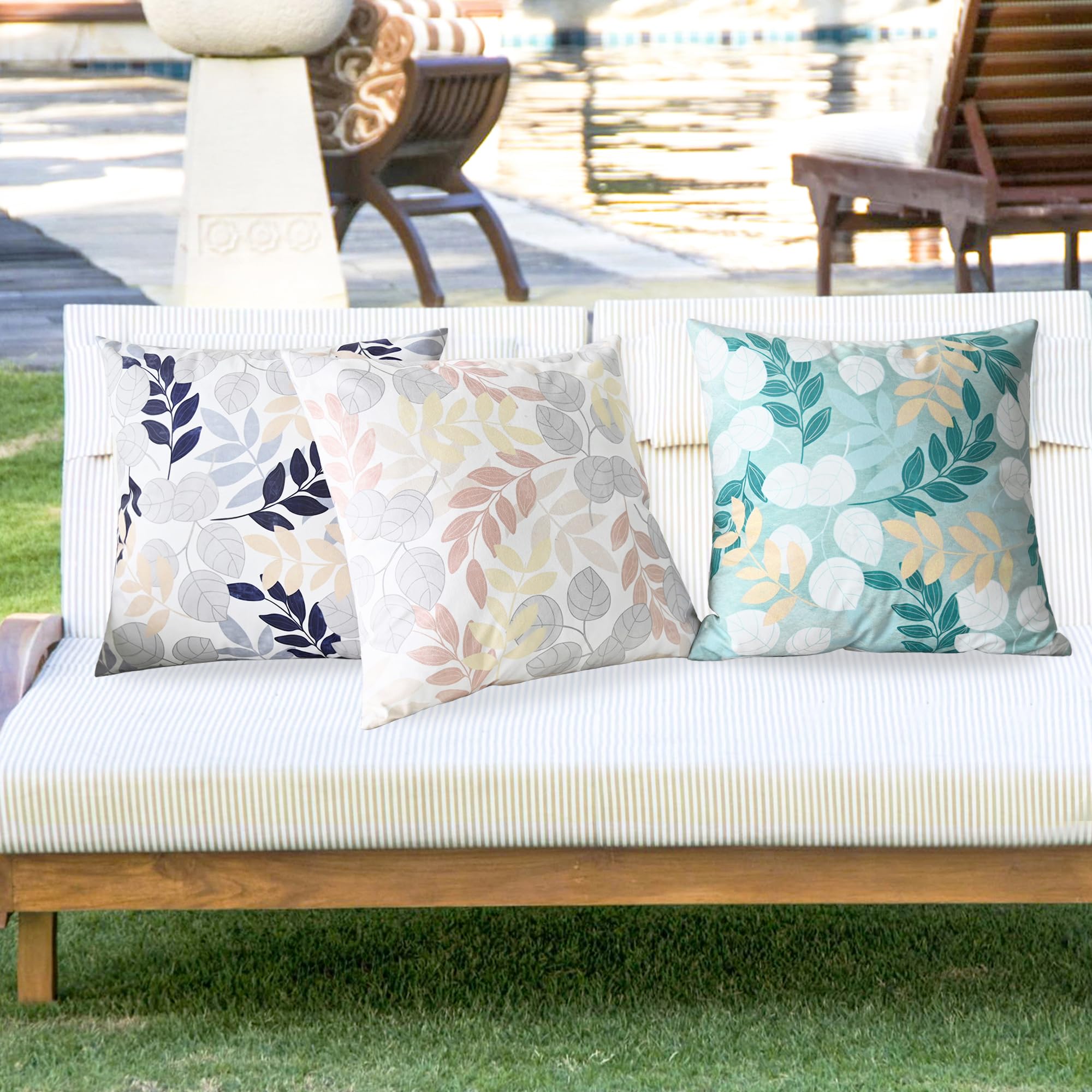 CaliTime Throw Pillow Covers Outdoor Waterproof Pack of 2 Cozy Flourishing Leaves Branches Decorative Cushion Cases for Garden Patio Tent Balcony Couch Sofa 18 X 18 Inches Navy Blue Beige Grey