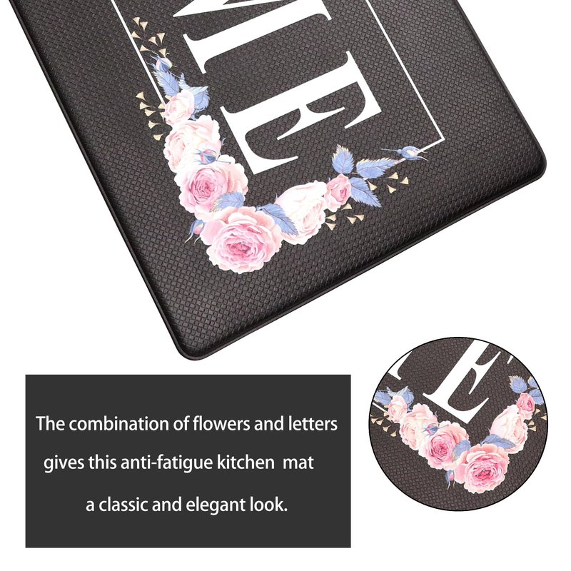 Floral Kitchen Mat Sets 2PCS Non Skid Waterproof Kitchen Rugs and Runner Sets Cushioned Anti-Fatigue Comfort Mat for Home,Office Memory Foam Kitchen Rug, 17.3"x30"+17.3"x47", Black/Pink