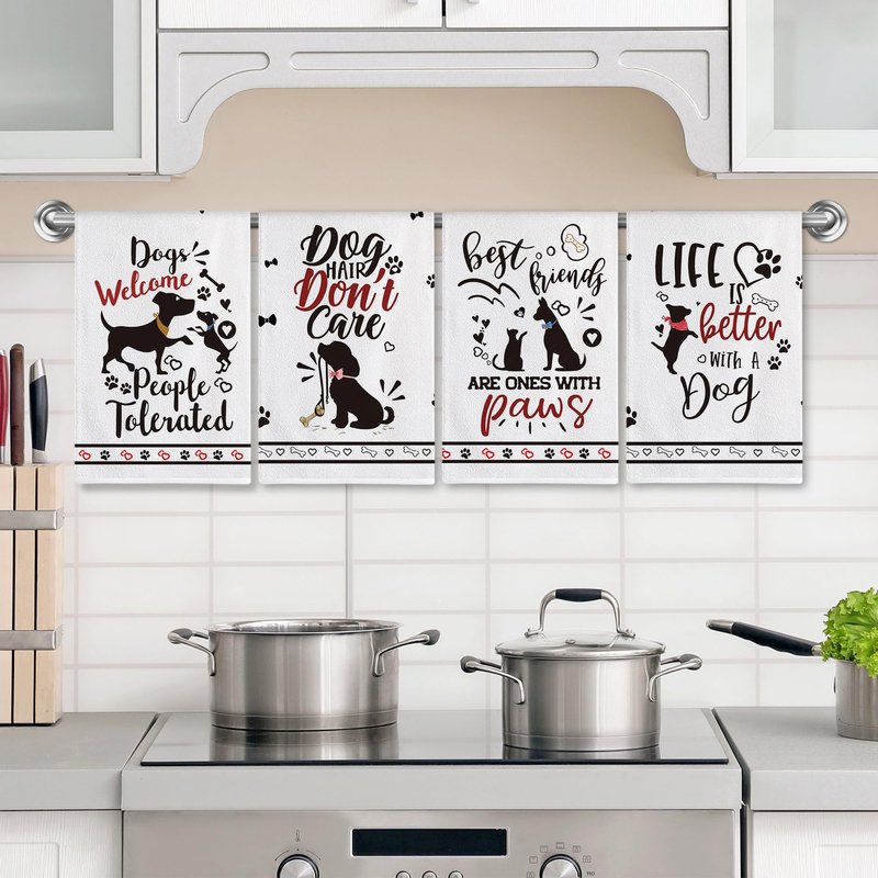 Hexagram Dog Dish Towels and Dish Cloths Dog Mom Gifts for Women Lovers, Funny Kitchen Hand Towels Sets of 4, Dogs Welcome People Tolerated Sayings Tea Towel Housewarming Decor for New Home Bathroom