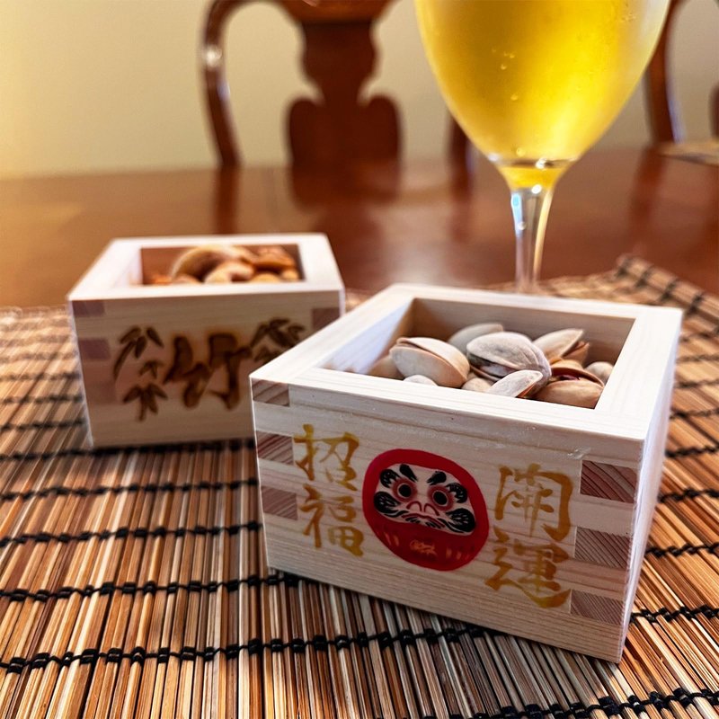 TOKYO ART Japanese Wooden Sake Masu Cups (Set of 3) with Japanese Lucky Artwork, Square Sake Boxes - Crafted from Japanese high-grade cypress wood, Made in Japan (Shou Chiku Bai)