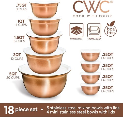 Cook With Color 18-Piece Mixing Bowls Set - Airtight Lids & Stainless Steel Organizers | Copper