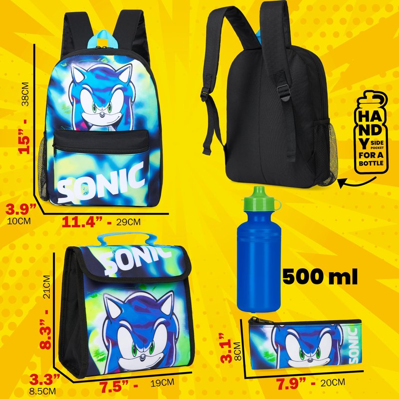 Sonic The Hedgehog Backpack Set 4 Pcs with Insulated Lunch Bag Water Bottle Pencil Case Shadow School Supplies Gift for Kids (Sonic 4 Pcs Set)
