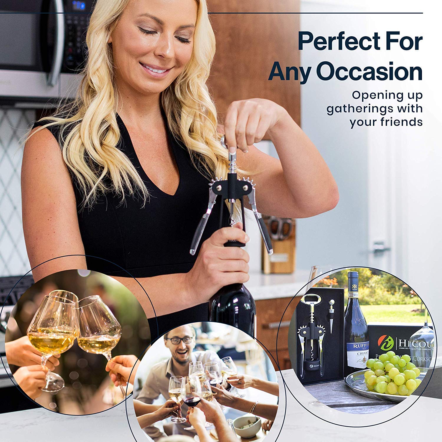 HiCoup Corkscrew Wine Opener - Ergonomic, Double Winged Beer and Wine Bottle Openers - Easy to Use, Stainless-Steel Corkscrews with Stopper & Gift Box - Kitchen Accessories - Matte Black