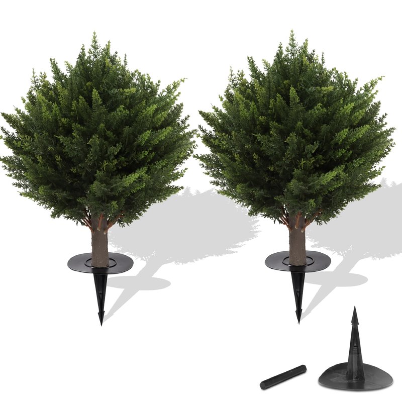 Artificial Cedar Topiary Tree, Indoor Outdoor Decorative Plant, Faux Evergreen Foliage (2, 15.7 inch Height (Leaves Diameter 15.7 inch))