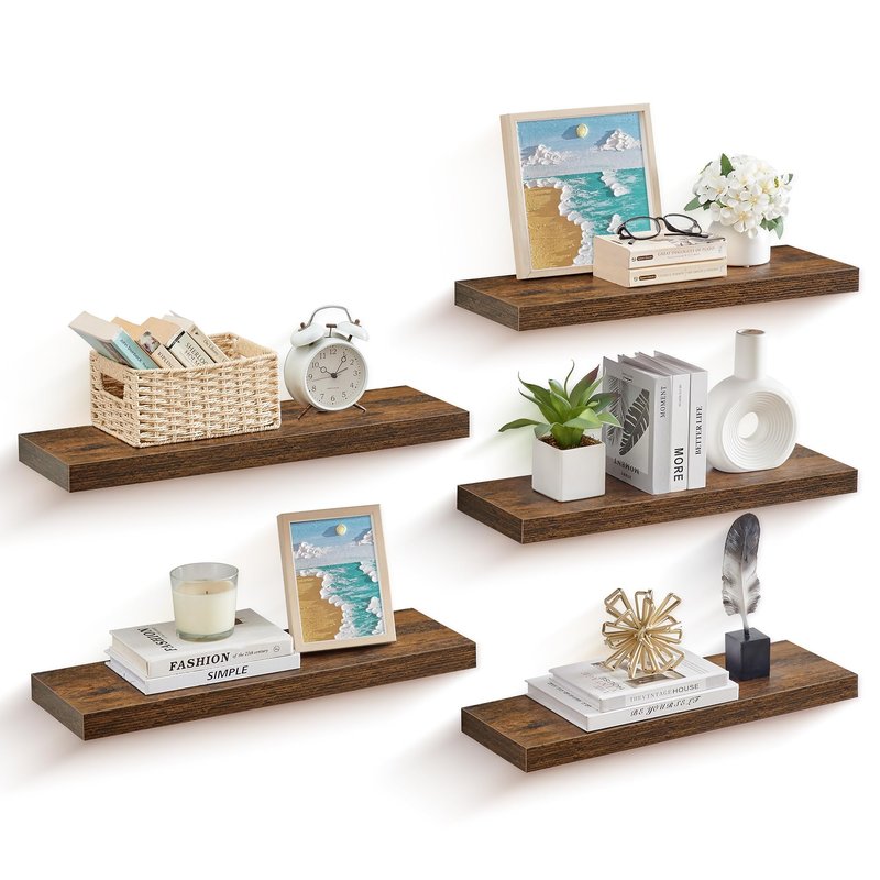 VASAGLE Wall Shelves Set of 5, Floating Shelves, Wall Mounted, 7.9 x 23.7 x 1.5 Inches, for Picture Frames, Decor, Living Room, Kitchen, Rustic Brown ULWS076B01