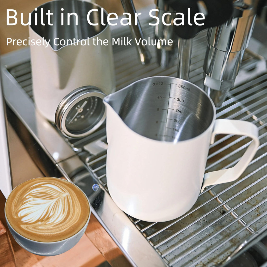 Milk Frothing Pitcher,(350ml/12oz) Steaming Pitchers,Stainless Steel Milk Cup,Cappuccino Latte Art Coffee,Barista Steam Pitchers,Temperament White