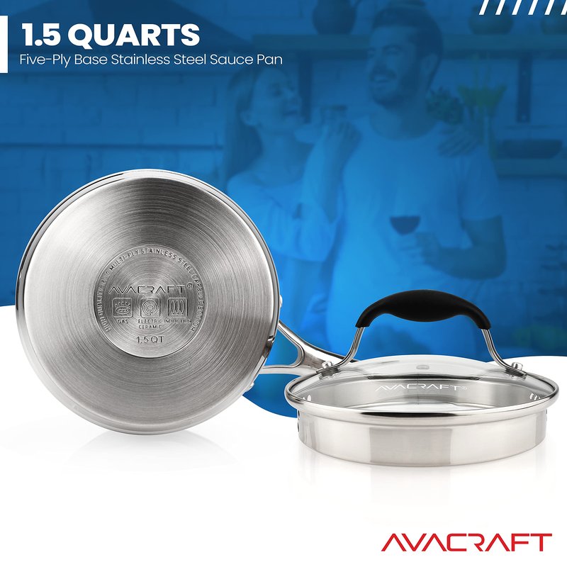 AVACRAFT Stainless Steel Saucepan with Glass Strainer Lid, Two Side Spouts for Easy Pour with Ergonomic Handle, Multipurpose Sauce Pot (5-Ply Capsule Bottom, 1.5 Quart)