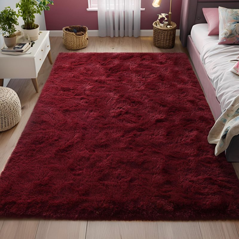 FALARK Fluffy Burgundy Red 6x9 Area Rugs for Living Room, Extra Large Dark Red Rug for Bedroom Decor, Big Shaggy Floor Carpet, Soft Plush Thick Non Slip Rectangle Carpets for Home Decor