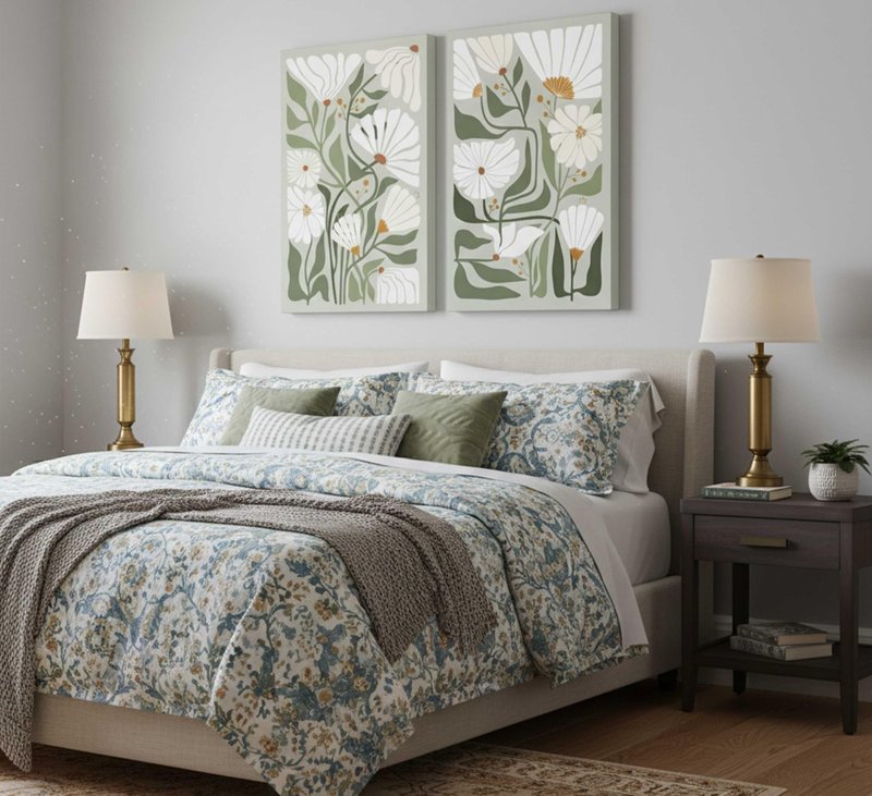2 Pcs Boho Wildflowers Canvas Wall Art Green Bohemia Abstract Floral Botanical Painting Picture Wall Decor Poster Print Artwork for Living Room Bedroom Bathroom Home Decoration