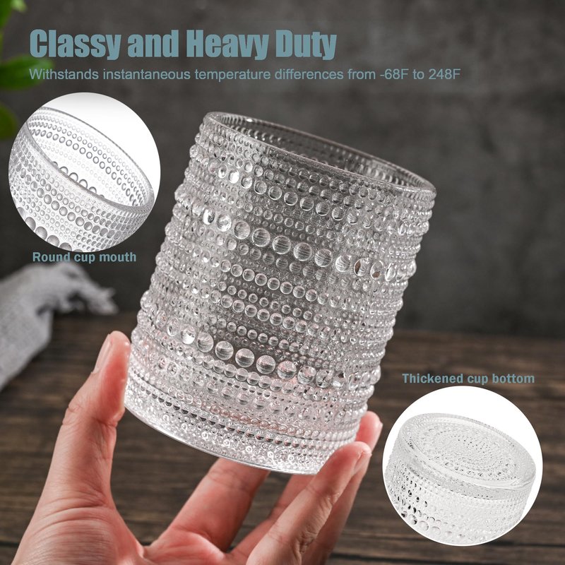 WANYISHUN Set of 4 Hobnail Drinking Glasses,15.2 Oz Romantic Water Glasses, Clear Embossed Design Vintage Glassware, Cocktail Glasses, Beaded Drinking Glasses for Water, Beer, Juice(15oz+4")