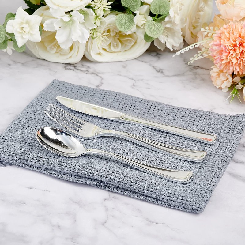 FOCUSLINE 160 Pack Silver Plastic Silverware Set, Plastic Flatware Set- 80 Silver Forks, 40 Knives, 40 Spoons, Heavy Duty Disposable Cutlery for Weddings, Parties, Dinners