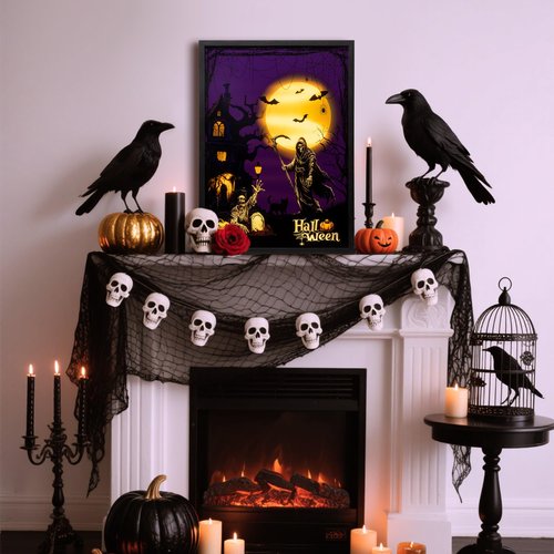 ArtbyHannah Lighted Halloween Wall Decor, Spooky Skeleton Wall Art with Gothic Haunted Mansion & Dark Academia Pictures for Kitchen Mantel Entryway Indoor Decorations (20×28 Inch)