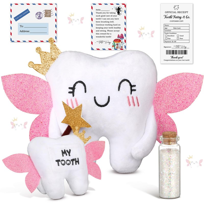 Threehoney Tooth Fairy Pillow Kit Includes Toothfairy Pillow with Pocket Fairy Glitter Receipt Envelope Card, Toothfairy Plush Keepsake Gift for Kids Boys Girls Souvenir (Cute Style)