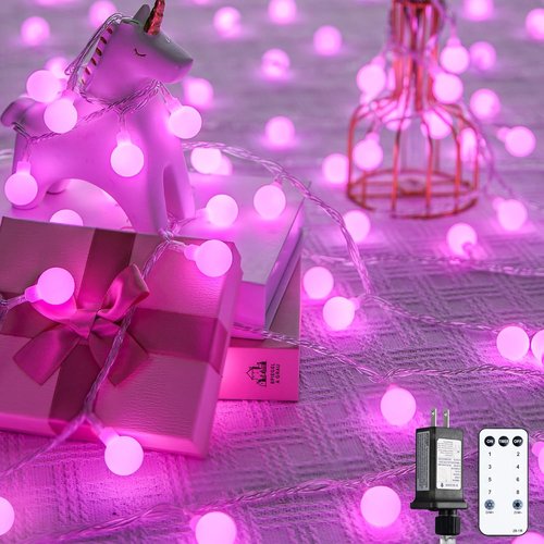 JMEXSUSS 100 LED Pink String Lights - 33 ft Connectable Globe Fairy Lights with Remote for Bedroom & Party Decor