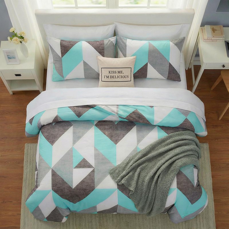Bedbay Teal Comforter Set King Size Gray and Turquoise Bedding Set Modern Geometric Chevron Duvet Insert 3 Pcs Western Bedding Comforter Set Soft Lightweight Down Alternative Bed Set for All Season