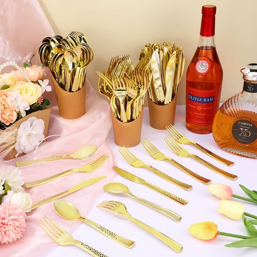 Zhehao 600 Pcs Plastic Gold Silverware Utensils Set Disposable Flatware Cutlery Bulk, Heavy Duty Utensils Include 200 Gold Forks 200 Plastic Spoon 200 Knives for Graduation Wedding Party