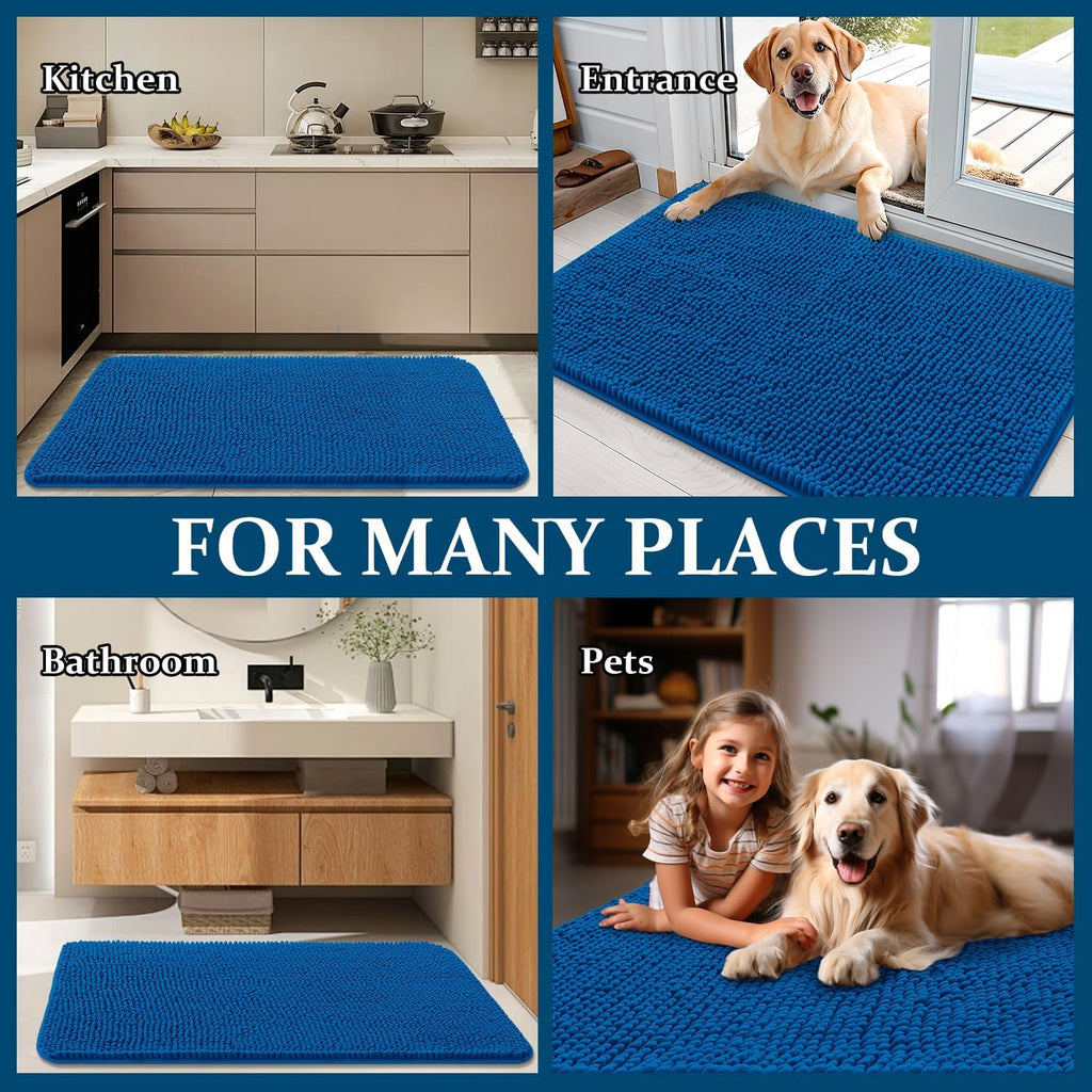OLANLY Dog Door Mat - Absorbent Non-Slip Chenille for Muddy Paws | 47x24 Deep Navy Blue Indoor Carpet