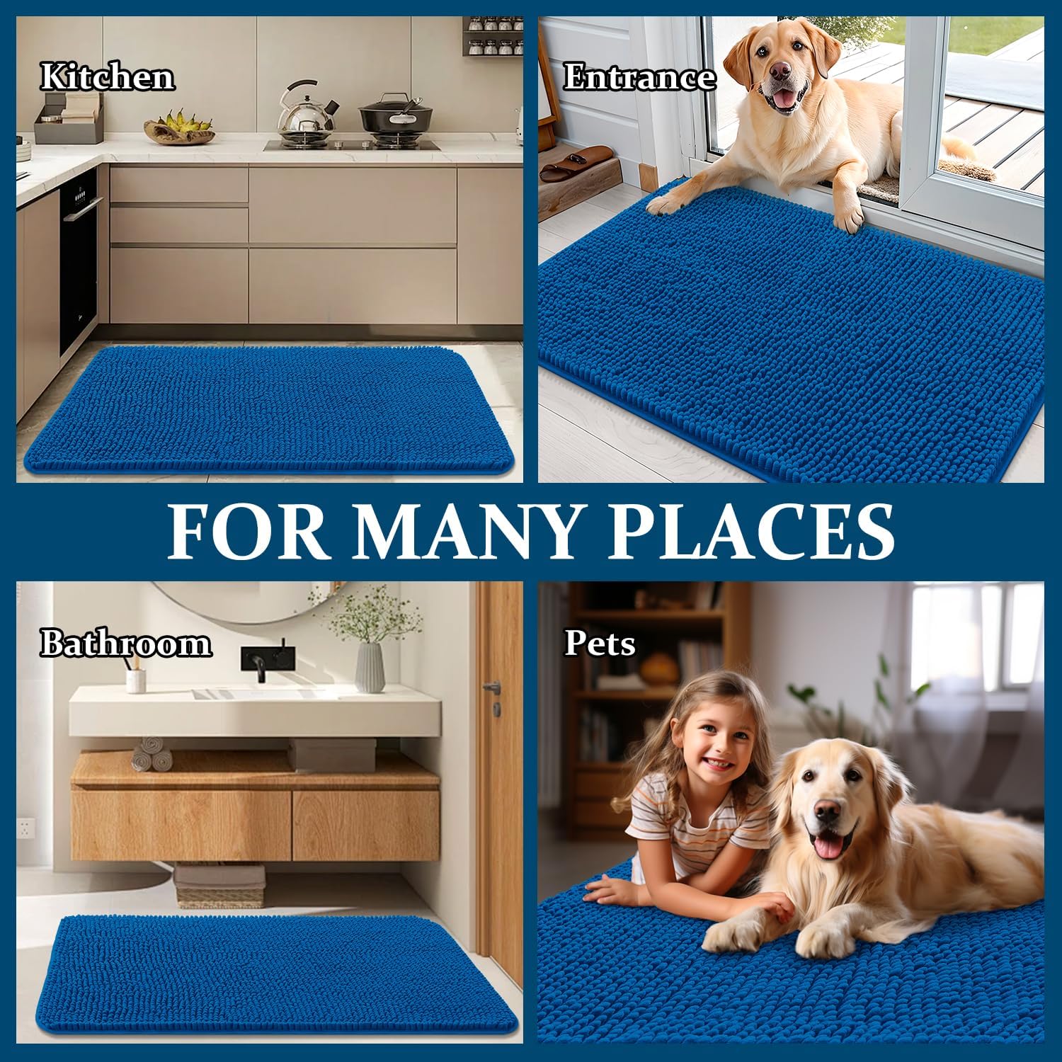 OLANLY Dog Door Mat - Absorbent Non-Slip Chenille for Muddy Paws | 47x24 Deep Navy Blue Indoor Carpet