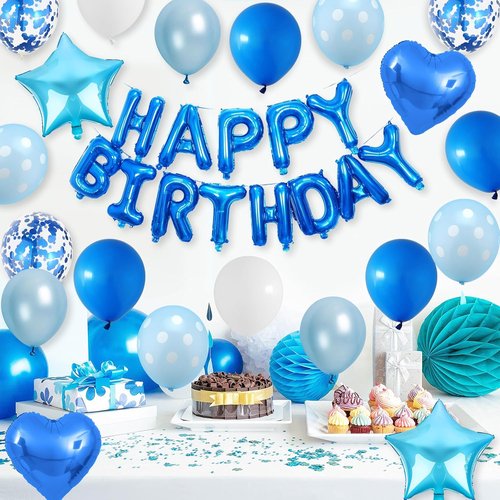 Blue Birthday Decorations by [Brand Name] - Happy Birthday Balloons & Polka Dot Confetti | Perfect for Boys' Parties