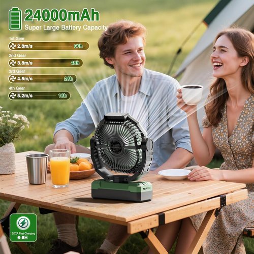 FRIZCOL 3-in-1 Camping Fan - Rechargeable Portable Fan with 24000mAh Battery & Light | Ideal for Outdoor Adventures - Green