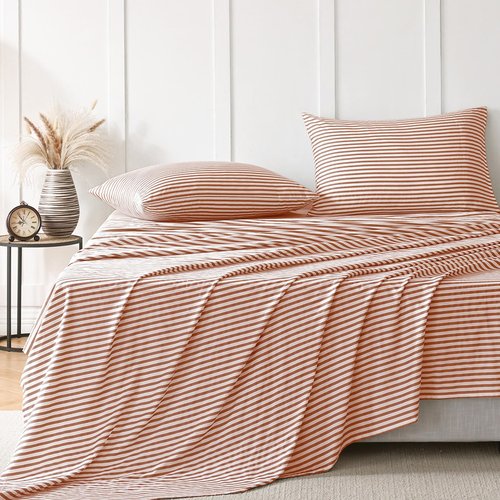 JELLYMONI 100% Cotton Bed Sheets Set – Pink and White Stripes, Twin Size, Soft Bedding with Deep Pocket Fitted Sheet, Flat Sheet & Pillowcase