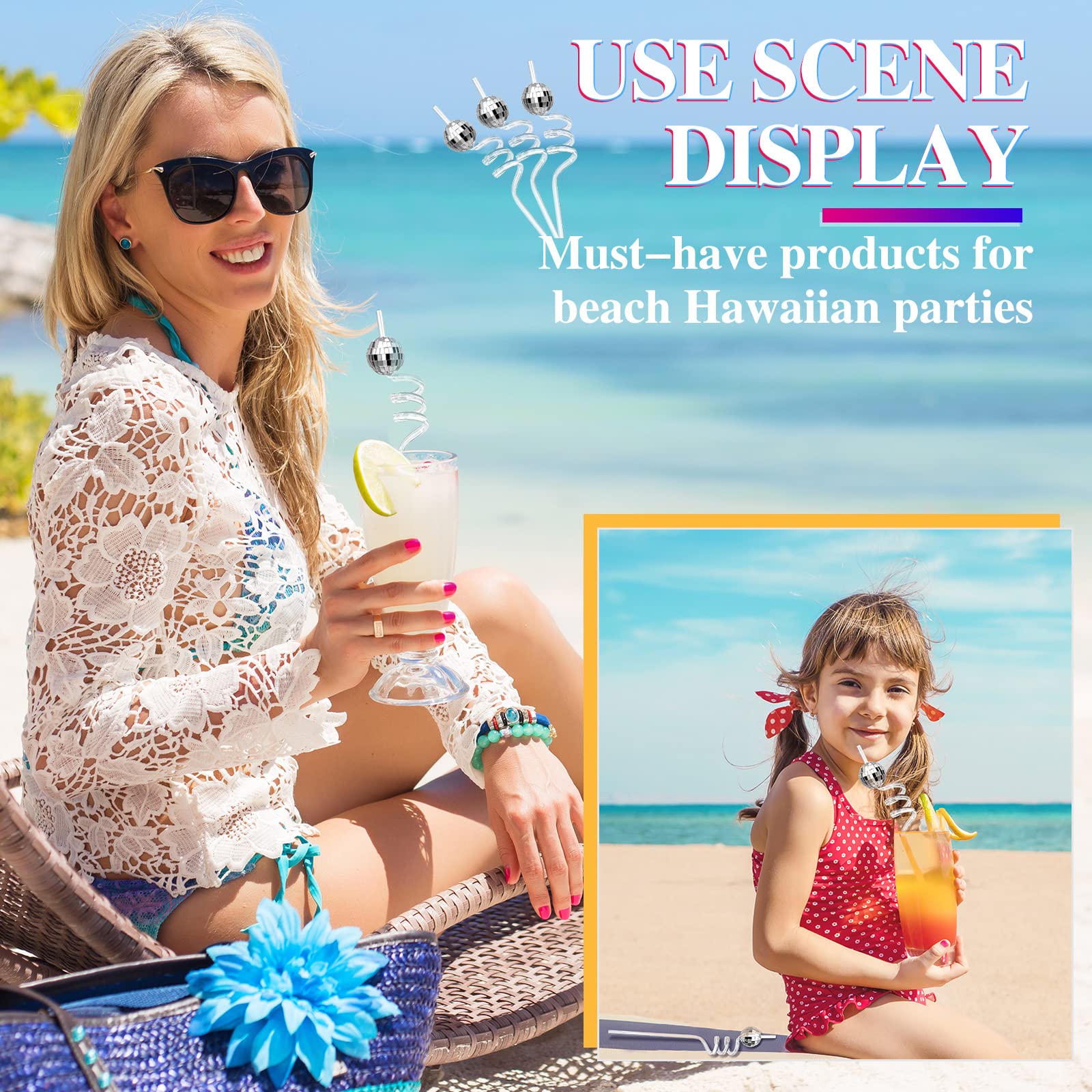 Chengu 24 Sets Disco Party Decorations, 70s Disco Ball Straw, Glitter Mirror Ball and Silver Plastic Straws for 1970s Retro Theme Bachelorette Party Decorations Birthday Supplies